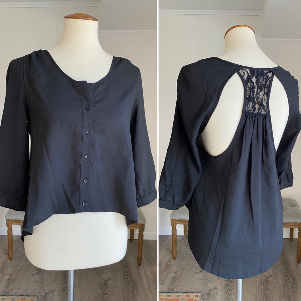 Sparkle & Fade Black Lace Cut-out Cropped Blouse